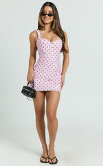 Janice Mini Dress - Square Neckline Dress in Fondant Pink Polka Dot