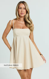 Jazmin Mini Linen Blend Dress - Tie Shoulder Fit And Flare Dress in Oatmeal