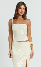 Jelena Top - Scoop Neck Embroidered Floral Top in Lemon