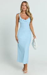 Jenkins Midi Linen Blend Dress - Scoop Frill Neck A Line Dress in Light Blue
