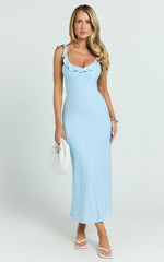 Jenkins Midi Linen Blend Dress - Scoop Frill Neck A Line Dress in Light Blue