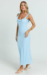 Jenkins Midi Linen Blend Dress - Scoop Frill Neck A Line Dress in Light Blue