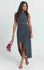 Jenni Midi Skirt - Asymmetric Cross Over Mid Waisted Skirt in Slate Grey