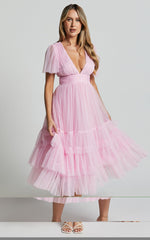 Jiraye Midi Dress - Flutter Sleeve Tuelle Plunge Dress in Ballet Pink