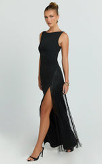 Joanne Maxi Dress - Scoop Neck Fringe Dress in Black