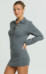 Jolene Mini Dress - Long Sleeve Knitted Polo Dress in Dark Grey