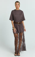 Jonna Midi Dress - Longline Lace Insert Tee in Chocolate