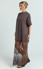 Jonna Midi Dress - Longline Lace Insert Tee in Chocolate