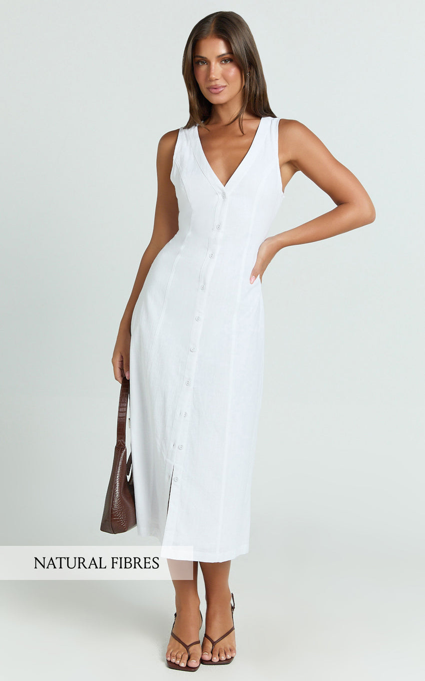 Juliet Midi Dress - Button Through V Neck Dress in White