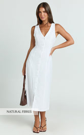 Juliet Midi Dress - Button Through V Neck Dress in White