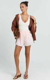 June Short - Linen Look Side Stripe Short in Pink Choc