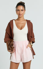 June Short - Linen Look Side Stripe Short in Pink Choc