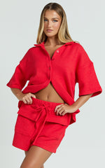 Kahlani Two Piece Set - Collared Short Sleeve and High Waisted Shorts in Red