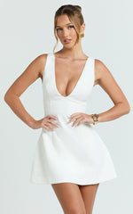 Karissa Mini Dress - V Neck Fit And Flare Dress in White