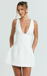 Karissa Mini Dress - V Neck Fit And Flare Dress in White