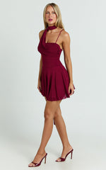Karla Mini Dress - Asymmetric Tie Neck Fit And Flare Dress in Wine