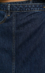 Katherine Mini Skirt - Cross Front Recycled Denim Skirt in Dark Blue Wash