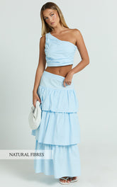 Kaycie Two Piece Set - One Shoulder Asymmetrical Ruched Top and Tiered Midi Skirt Set in Pale Blue