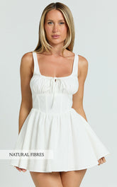 Keegan Mini Dress - Ruched Bust Front Tie Gathered Skirt Dress in White