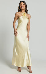 Keithy Maxi Dress - Rosette Halter Neck Slip Dress in Lemon