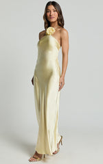 Keithy Maxi Dress - Rosette Halter Neck Slip Dress in Lemon