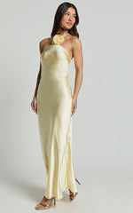Keithy Maxi Dress - Rosette Halter Neck Slip Dress in Lemon