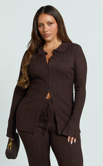Kelsey Top - Button Through Long Sleeve Knitted Top in Chocolate