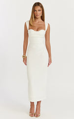 Kenna Midi Dress - Gathered Bust Tucked Waist Dress in Off White
