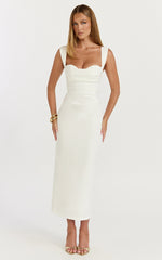 Kenna Midi Dress - Gathered Bust Tucked Waist Dress in Off White