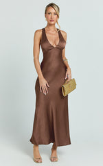 Khalani Maxi Dress - Deep V Neck Satin Slip Dress in Chocolate