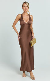 Khalani Maxi Dress - Deep V Neck Satin Slip Dress in Chocolate