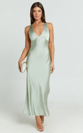 Khalani Maxi Dress - Deep V Neck Satin Slip Dress in Sage