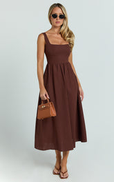 Khari Midi Dress - Linen Look Square A Line Dress in Chocolate