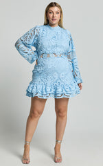 Kiss Me Now Mini Dress - Long Puff Sleeve Dress in Soft Blue