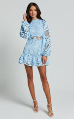 Kiss Me Now Mini Dress - Long Puff Sleeve Dress in Soft Blue