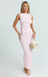 Klarisse Two Piece Top and Skirt Set - Asym Top and Maxi Skirt Set in Pink