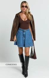 Koemi Skirt - High Waisted Denim Flare in Mid Blue Wash