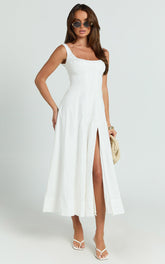 Kristi Midi Dress - Scoop Neck Fit And Flare Dress in Off White