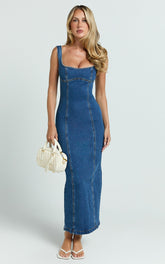 Kristie Midi Dress - Wide Neck Corset Detail Denim Dress in Dark Blue Wash