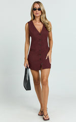Kyla Mini Dress - V Neck Button Up Linen Vest Dress in Chocolate