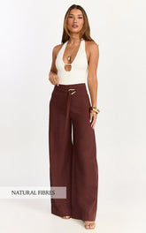 Kyra Pants - Linen Look Belted Wide Leg Pants in Chocolate