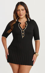 Lada Mini Dress - Short Sleeve Button Front Knit Dress in Black
