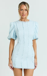 Laila Mini Linen Blend Dress - High Neck Side Cut Out Puff Sleeve Straight Dress in Blue