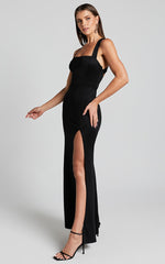 Lainie Maxi Dress - Straight Neck Thigh Split Cross Back in Black