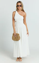 Larose Midi Dress - One Shoulder Tie Side Cut Out Dress Fit and Flare Dress in White