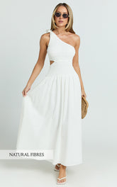 Larose Midi Dress - One Shoulder Tie Side Cut Out Dress Fit and Flare Dress in White