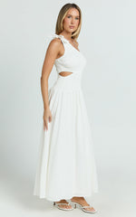 Larose Midi Dress - One Shoulder Tie Side Cut Out Dress Fit and Flare Dress in White