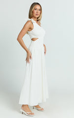 Larose Midi Dress - One Shoulder Tie Side Cut Out Dress Fit and Flare Dress in White