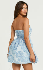 Laure Mini Dress - Strapless Jacquard Dress in Blue