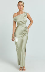 Laurie Maxi Dress - One Shoulder Tie Detail Dress in Light Olive